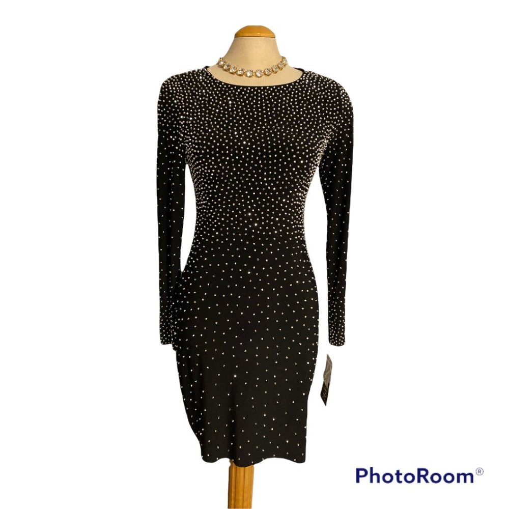 LIKE NEW XSCAPE Bling Dress Stunning Las Vegas Dress Sz 8 Stretchy Long Sleeves